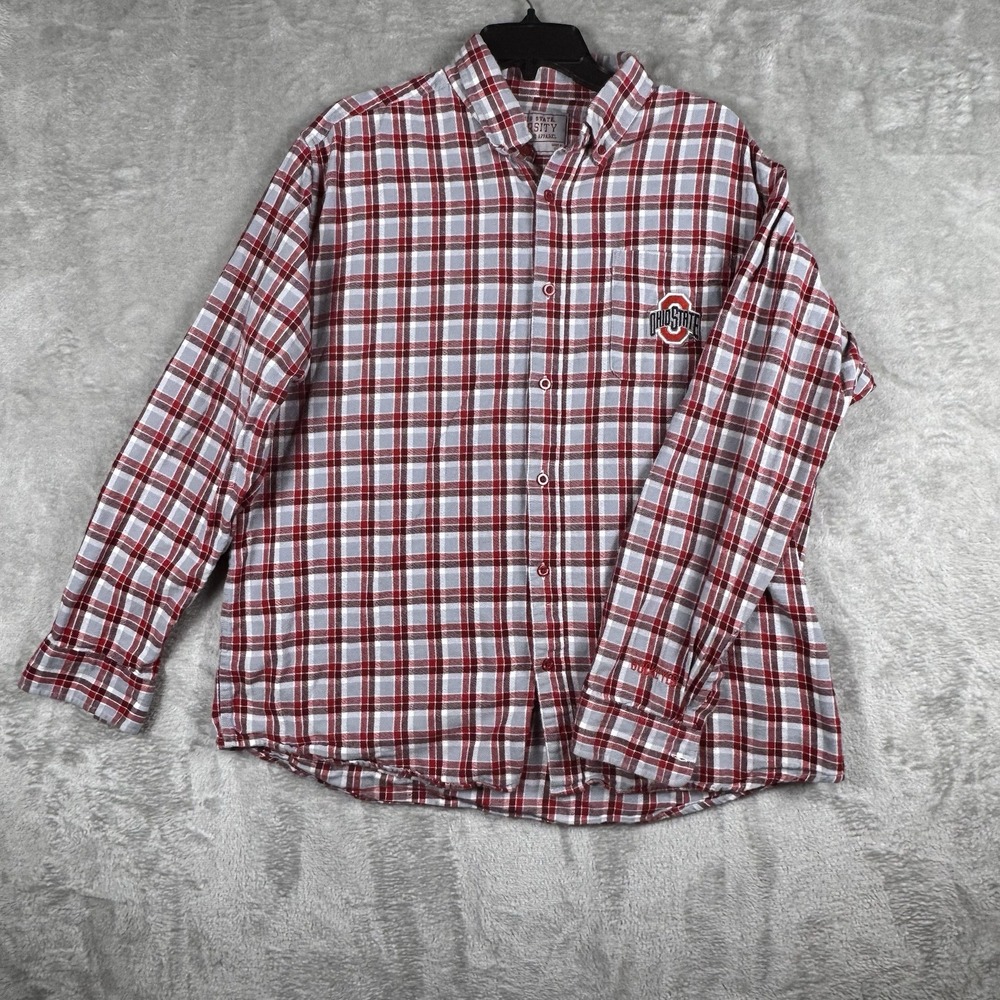 Ohio State Varsity Shirt Men L Red Gingham Plaid Buckeyes Button Up Long‎ Sleeve